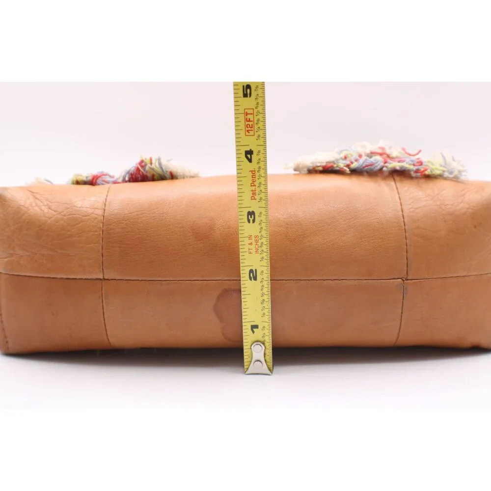 Madewell Tan Leather Crossbody Bag Handbag Colorful Striped Fringe Handles 10x10 - Picture 12 of 12